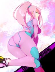 Rule 34 | 1girl, alternate color, ass, blue eyes, bodysuit, breasts, from behind, highres, hip focus, huge ass, looking back, metroid, nintendo, obj shep, parted lips, pink hair, player 2, ponytail, samus aran, skin tight, solo, super smash bros., thick thighs, thighs, wide hips, zero suit
