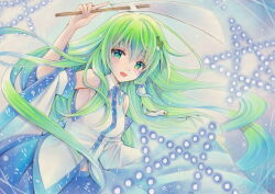 Rule 34 | 1girl, arm up, bare shoulders, blue background, blue skirt, collared shirt, detached sleeves, frog hair ornament, gohei, gradient background, green eyes, green hair, hair between eyes, hair ornament, holding, holding gohei, kochiya sanae, leaning forward, long hair, looking at viewer, marker (medium), momonabe02, open mouth, shirt, skirt, sleeveless, sleeveless shirt, snake hair ornament, solo, touhou, traditional media, very long hair, white shirt, wide sleeves