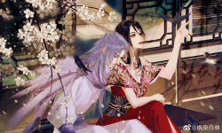Rule 34 | 1boy, 1girl, ba shiba ye xin, baifeng (qin shi ming yue), blue hair, branch, chair, chi lian (qin shi ming yue), closed eyes, dress, flower, from side, highres, index finger raised, light rays, long hair, looking down, outdoors, qinshi mingyue, red dress, sash, second-party source, sitting, wooden floor