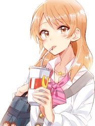 Rule 34 | 10s, 1girl, 6 (yuchae), bag, bag charm, bow, bowtie, buttons, charm (object), collared shirt, cup, drink, drinking straw, holding, holding cup, houjou karen, idolmaster, idolmaster cinderella girls, jewelry, kamiya nao, long sleeves, looking at viewer, matching hair/eyes, necklace, orange eyes, orange hair, pink bow, pink bowtie, school bag, shibuya rin, shirt, simple background, solo, star (symbol), star necklace, striped bow, striped bowtie, striped clothes, striped neckwear, tongue, tongue out, upper body, white background, white shirt