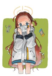 Rule 34 | 1girl, @ @, blue archive, blue eyes, border, bow, braid, coat, controller, covered mouth, cropped legs, forehead, game console, game controller, green background, hair bow, hamachi (galileo0309), hands up, high collar, long hair, long sleeves, looking at viewer, messy hair, multiple hair bows, nintendo switch, no pants, outside border, red hair, side braid, solo, super nintendo, sweat, very long hair, white border, white bow, white coat, yuzu (blue archive)
