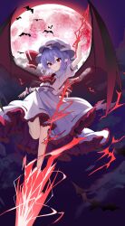1girl absurdres arm_up ascot backlighting bat_(animal) bat_wings blue_hair blush closed_mouth crossed_bangs double-parted_bangs embodiment_of_scarlet_devil energy_spear fighting_stance floating_clothes foot_up frilled_skirt frilled_sleeves frilled_wrist_cuffs frills full_body full_moon hair_between_eyes hat hat_ribbon highres looking_at_viewer medium_hair midair mob_cap moon night night_sky outdoors pointy_ears puffy_short_sleeves puffy_sleeves red_ascot red_eyes red_moon red_ribbon red_wrist_cuffs remilia_scarlet ribbon ribbon-trimmed_skirt ribbon_trim shirt short_sleeves skirt sky slit_pupils smile solo touho_0505 touhou tsurime white_shirt white_skirt wings witch_hat wrist_cuffs