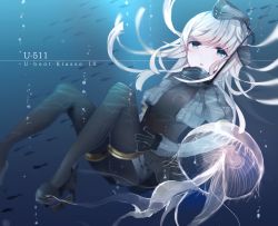 Rule 34 | 10s, 1girl, black dress, black pantyhose, blonde hair, blue eyes, character name, cropped jacket, dress, garrison cap, gloves, hat, headgear, highres, jellyfish, kantai collection, kumahara, long hair, looking at viewer, military, military hat, military uniform, pale skin, pantyhose, puffy sleeves, solo, u-511 (kancolle), underwater, uniform