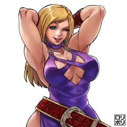 Rule 34 | 1girl, armpits, arms behind head, arms up, bare shoulders, blonde hair, blue eyes, breasts, cleavage, fatal fury, garou: mark of the wolves, highres, jamrolypoly, jenet behrn, large breasts, long hair, looking at viewer, muscular, muscular female, one eye closed, open mouth, sleeveless, snk, solo, strapless, the king of fighters, the king of fighters xv, wink