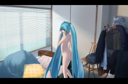 Rule 34 | 1girl, aqua eyes, aqua hair, ass, back, bad id, bad pixiv id, harutoshi, hatsune miku, indoors, legs, letterboxed, long hair, looking back, nude, room, smile, solo, twintails, very long hair, vocaloid