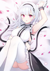 Rule 34 | 1girl, :o, absurdres, arm up, armpits, ass, azur lane, bare shoulders, bed sheet, breasts, choker, commentary request, cuffs, dido (azur lane), dress, earrings, frilled choker, frilled dress, frills, hairband, handcuffs, highres, jewelry, knees up, large breasts, long hair, looking at viewer, lying, on back, open mouth, paaru, pink eyes, solo, sweat, thighhighs, white dress, white hair, white thighhighs