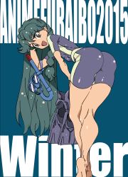 Rule 34 | 1girl, absurdres, alternate costume, artist request, ass, bent over, bodysuit, brown eyes, diving mask, diving suit, english text, flippers, fujii shingo, go! princess precure, goggles, green eyes, highres, kaidou minami, looking at viewer, looking back, precure, smile, snorkel, solo, wetsuit