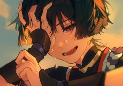 Rule 34 | 1boy, bishounen, black hair, covering own eyes, crying, crying with eyes open, genshin impact, hand guard, highres, inertraccoon, male focus, one eye covered, open mouth, purple eyes, scaramouche (genshin impact), short hair, solo, tears, upper body