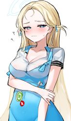 Rule 34 | 1girl, ?, @ @, absurdres, alternate breast size, apron, aqua apron, aqua ribbon, blonde hair, blue archive, blue eyes, blush, breasts, cleavage, collared shirt, danbal, forehead, hair ribbon, halo, highres, long hair, looking at viewer, medium breasts, off shoulder, ribbon, shirt, short sleeves, simple background, solo, sora (blue archive), sweat, two side up, very long hair, wavy mouth, white background