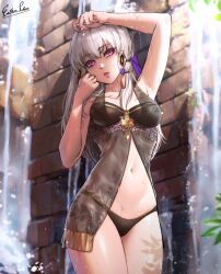 Rule 34 | 1girl, alternate costume, arm up, armpits, bikini, black bikini, breasts, chemise, commentary, cowboy shot, esther shen, fire emblem, fire emblem: three houses, hand up, long hair, looking at viewer, lysithea von ordelia, medium breasts, navel, nintendo, parted lips, purple eyes, solo, standing, stomach, swimsuit, thighs, white hair