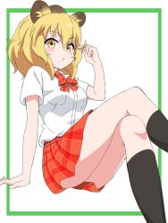 Rule 34 | 1girl, adapted costume, amamotan2, animal ear fluff, animal ears, black socks, blonde hair, blush, bow, bowtie, brown hair, collared shirt, commentary request, kemono friends, lion (kemono friends), lion ears, multicolored hair, plaid, plaid bow, plaid bowtie, plaid neckwear, plaid skirt, playing with own hair, pleated skirt, school uniform, shirt, short hair, short sleeves, sitting, skirt, socks, solo, white shirt, yellow eyes