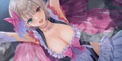 Rule 34 | 1girl, black eyes, black hair, blue reflection, blue reflection (series), breasts, cleavage, cowboy shot, frown, jpeg artifacts, large breasts, looking at viewer, non-web source, open mouth, shirai hinako, solo, straight hair, striped, striped background, sweat, third-party edit