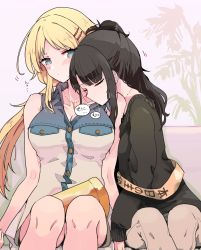 Rule 34 | 2girls, ahoge, black hair, black sweater, blonde hair, blush, breasts, cleavage, collarbone, couch, hachimiya meguru, hair ornament, hairpin, head on another&#039;s shoulder, highres, idolmaster, idolmaster shiny colors, jewelry, kazano hiori, large breasts, leaning on person, looking at another, multiple girls, necklace, shirt, sitting, sleeping, sleeveless, sleeveless shirt, speech bubble, sweater, yatsuhashi kakera, yuri