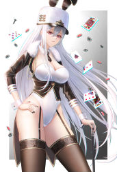 Rule 34 | 1girl, absurdres, ace (playing card), ace of spades, animal ears, azur lane, black jacket, black nails, black necktie, blush, breasts, cane, card, cleavage, commentary request, detached collar, fake animal ears, fur-trimmed jacket, fur trim, garter belt, garter straps, gradient background, hair between eyes, hand on own hip, hat, highres, holding, jack (playing card), jack of spades, jacket, large breasts, leotard, long hair, looking at viewer, military hat, mole, mole under eye, nail polish, necktie, playboy bunny, playing card, poker chip, rabbit ears, red eyes, screw, silver hair, smile, solo, sovetskaya rossiya (azur lane), spade (shape), thighhighs, thighs, very long hair, white hat, you (yoyou)