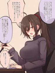 1girl, ahoge, black sweater, blush, breasts, brown eyes, brown hair, chair, copyright request, from side, hair between eyes, hair ornament, hair scrunchie, highres, holding, holding pen, instant loss 2koma, large breasts, long hair, long sleeves, looking at viewer, looking to the side, mamerakkkkko, mouse (computer), office chair, open mouth, pen, ponytail, scrunchie, solo, sweat, sweater, translation request