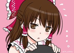 Rule 34 | 1girl, blush, bow, brown eyes, brown hair, cpu (hexivision), hair bow, hair tubes, hakurei reimu, holding, holding tray, looking at viewer, medium hair, open mouth, pink background, red bow, solo, touhou, tray, twitter username