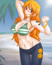 Rule 34 | 1girl, bikini, bikini top only, blush, breasts, brown eyes, cleavage, gul-fuh, large breasts, long hair, midriff, nami (one piece), navel, one piece, orange hair, outdoors, smile, solo, standing, swimsuit