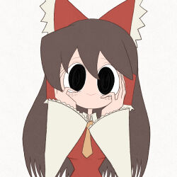 Rule 34 | 1girl, @ @, absurdres, black eyes, bow, brown hair, closed mouth, collared shirt, commentary request, cookie (touhou), detached sleeves, empty eyes, flat color, frilled bow, frilled hair tubes, frills, grey background, hair between eyes, hair bow, hair tubes, hakurei reimu, hands on own cheeks, hands on own face, hatching (texture), highres, long hair, looking at viewer, medium bangs, muimui (4242564muimui), necktie, noel (cookie), red bow, red shirt, shirt, sidelocks, simple background, smile, solo, touhou, upper body, white sleeves, wide sleeves, yellow necktie
