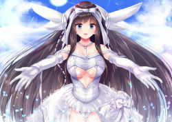 Rule 34 | 1girl, amasora taichi, azur lane, bare shoulders, blue eyes, blush, breasts, brown hair, clothing cutout, dress, gloves, highres, long hair, long island (azur lane), looking at viewer, necktie, outstretched arms, sky, sleeves past wrists, solo, underboob, underboob cutout, very long hair, white dress, white gloves
