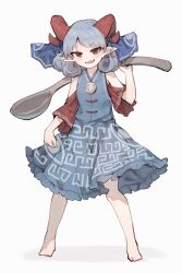 Rule 34 | 1girl, bare shoulders, barefoot, blue dress, blue ribbon, blush, dress, earrings, full body, grey hair, highres, holding, holding spoon, horn ornament, horn ribbon, horns, jewelry, open mouth, oversized object, pointy ears, rectangular pupils, red eyes, red horns, red sleeves, ribbon, sharp teeth, sheep horns, shone, short hair, simple background, smile, solo, spoon, standing, teeth, touhou, toutetsu yuuma, white background