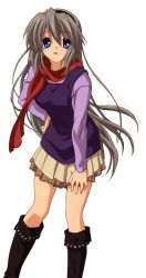 Rule 34 | 00s, blue eyes, boots, casual, clannad, hairband, headband, highres, leaning forward, long hair, non-web source, open mouth, sakagami tomoyo, scarf, silver hair, skirt, solo, transparent background, very long hair