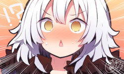 Rule 34 | !?, 1girl, :&lt;, beni shake, blush, brown eyes, commentary request, emphasis lines, fate/grand order, fate (series), fur-trimmed jacket, fur trim, hair between eyes, jacket, jeanne d&#039;arc (fate), jeanne d&#039;arc alter (fate), jeanne d&#039;arc alter (ver. shinjuku 1999) (fate), looking at viewer, nose blush, official alternate costume, parted lips, portrait, purple jacket, signature, silver hair, sweat, triangle mouth, upper body, v-shaped eyebrows, wicked dragon witch ver. shinjuku 1999, yellow eyes