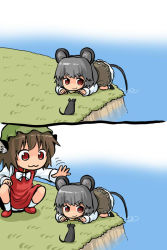Rule 34 | 2girls, :3, abekawa, animal ears, brown hair, cat ears, cat girl, cat tail, chen, comic, female focus, fishing, grey hair, hat, mouse (animal), mouse ears, mouse tail, multiple girls, nazrin, red eyes, short hair, silent comic, squatting, tail, touhou, water