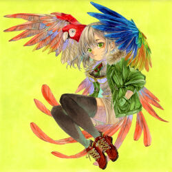 Rule 34 | 1girl, bird, black thighhighs, feathers, full body, goggles, green eyes, green jacket, grey shorts, grey sweater, hand in pocket, highres, jacket, knees up, looking at viewer, marker (medium), original, parrot, red footwear, shoes, shorts, simple background, solo, sweater, thighhighs, traditional media, yellow background, yoshitaka a3