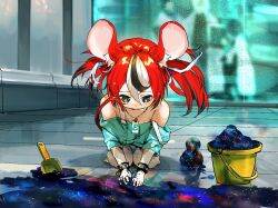 Rule 34 | 1girl, aged down, animal ears, bare shoulders, black hair, commentary request, cuffs, funi mu9, hakos baelz, handcuffs, hololive, hololive english, indoors, laboratory, lanyard, looking down, mouse ears, mouse girl, mouse tail, multicolored hair, red hair, seiza, short hair, sitting, solo focus, streaked hair, sweat, tail, twintails, virtual youtuber, white hair