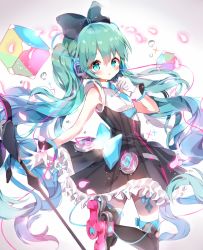 Rule 34 | 1girl, :o, b rock, bad id, bad pixiv id, bare shoulders, black bow, black dress, black footwear, blue eyes, blue hair, blue necktie, blush, boots, bow, commentary request, cube, dress, glint, gloves, hair bow, hand up, hatsune miku, long hair, looking at viewer, looking back, necktie, parted lips, petals, solo, thigh boots, thighhighs, twintails, twisted torso, very long hair, vocaloid, white gloves