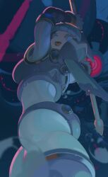 Rule 34 | 1girl, absurdres, ass, blue eyes, breasts, crop top, helmet, highres, holding, holding weapon, fairy leviathan (mega man), looking at viewer, looking back, medium breasts, mega man (series), mega man zero (series), smile, tagme, weapon, zinguuzisaburou