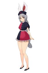 Rule 34 | 1girl, :&lt;, animal ears, bare legs, black eyes, black footwear, blue dress, blush, braid, dress, elin, frilled dress, frills, full body, hair ribbon, hat, kemonomimi mode, legs, long hair, looking at viewer, looking to the side, meranie, multicolored clothes, multicolored dress, nurse cap, puffy short sleeves, puffy sleeves, rabbit ears, rabbit tail, red dress, ribbon, shoes, short dress, short sleeves, silver hair, simple background, single braid, solo, standing, tail, tera online, thighs, touhou, very long hair, white background, yagokoro eirin