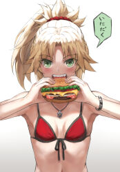 Rule 34 | 1girl, bare shoulders, bikini, blonde hair, braid, breasts, burger, collarbone, eating, fate/grand order, fate (series), food, french braid, green eyes, highres, jewelry, long hair, looking at viewer, mordred (fate), mordred (fate) (all), mordred (swimsuit rider) (fate), navel, necklace, open mouth, parted bangs, ponytail, red bikini, sidelocks, small breasts, solo, speech bubble, swimsuit, tonee, translation request