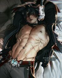 Rule 34 | 1boy, abs, alternate pectoral size, arms up, bara, barbell piercing, bare pectorals, black gloves, black hair, blush, closed mouth, earrings, feet out of frame, genshin impact, gloves, grey hair, highres, jewelry, large pectorals, looking at viewer, male focus, multicolored hair, muscular, muscular male, navel, navel hair, necktie, nipples, on bed, open clothes, pectorals, piercing, shirt, short hair, solo, stomach, streaked hair, sweat, thick eyebrows, umikochannart, wriothesley (genshin impact)