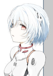 Rule 34 | 1girl, absurdres, ayanami rei, blue hair, bodysuit, breasts, from side, highres, interface headset, light blue hair, looking at viewer, neon genesis evangelion, parted lips, pilot suit, plugsuit, red eyes, shimoda masaya, short hair, small breasts, solo, upper body, white background, white bodysuit