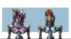 Rule 34 | anal, anal object insertion, artist request, ass, bodysuit, dildo, from behind, huge dildo, humanoid robot, ivara (warframe), large insertion, object insertion, robot, saryn (warframe), sex toy, squatting, warframe