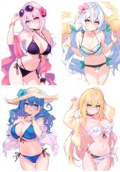 Rule 34 | 4girls, absurdres, bare shoulders, bikini, black bikini, blonde hair, blue bikini, blue eyes, blue hair, blush, breasts, choker, cleavage, collarbone, cu-no, earrings, eyewear on head, fingernails, flower, frills, hakurei botan, hand on own cheek, hand on own chest, hand on own face, hat, hibiscus, highres, hisen kaede, holding, jacket, jewelry, kohitsuji ai, large breasts, long hair, looking at viewer, low twintails, multiple girls, nail polish, navel, necklace, off shoulder, open clothes, open jacket, open mouth, orange eyes, parted lips, pink hair, purple eyes, rapua qive, scan, scrunchie, simple background, smile, stomach, straw hat, sunglasses, swimsuit, thighs, twintails, white background, white bikini, white hair, wrist scrunchie, yayoi sakura