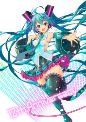 Rule 34 | .sin, 1girl, anniversary, aqua hair, bare shoulders, black footwear, black skirt, blue shirt, blue skirt, blush, boots, breasts, commentary request, frills, hair between eyes, hair ornament, hatsune miku, highres, long hair, medium breasts, open mouth, revealing clothes, see-through, shirt, sideboob, skirt, solo, teeth, thigh boots, thighhighs, thighs, twintails, upper teeth only, very long hair, vocaloid, wide sleeves