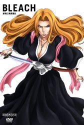 Rule 34 | 1girl, aniplex, artist request, black kimono, bleach, breasts, chain necklace, cleavage, cleavage cutout, clothing cutout, collar, copyright name, cover, dvd cover, female focus, floating hair, highres, holding, holding sword, holding weapon, japanese clothes, katana, kimono, large breasts, long hair, long sleeves, looking at viewer, matsumoto rangiku, mole, mole under mouth, necklace, obi, orange hair, parted lips, pink scarf, sash, scarf, serious, simple background, solo, sword, weapon, white background, white sash, wide sleeves, wind