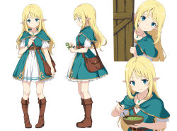 Rule 34 | bag, belt, blonde hair, boots, bowl, brown footwear, capelet, dress, elf, embroidered dress, expressionless, full body, green capelet, green dress, green eyes, jewelry, long hair, looking at viewer, messenger bag, necklace, original, pendant, pointy ears, short sleeves, shoulder bag, shy, sleeveless, sleeveless dress, smile, white dress, wooden bowl, wooden spoon, yoshitake