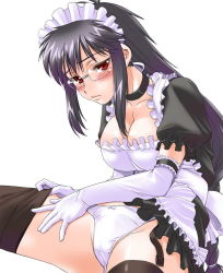 Rule 34 | 1girl, apron, arm garter, black dress, black thighhighs, blush, bow, bow panties, breasts, choker, cleavage, dress, elbow gloves, glasses, gloves, headdress, large breasts, maid, maid apron, panties, shinama, sitting, solo, thighhighs, underwear, white gloves, white panties