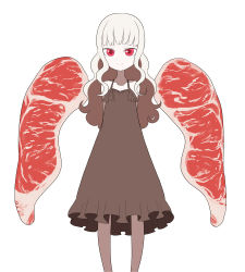 Rule 34 | 1girl, arms behind back, bacon, blush, brown dress, curly hair, dress, female focus, flat chest, food, frilled dress, frills, ken (koala), long hair, meat, original, pantyhose, red eyes, simple background, smile, solo, sundress, white background, white hair, wings