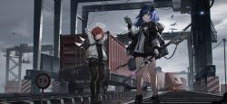Rule 34 | 2girls, absurdres, arknights, arms behind head, arms up, asymmetrical gloves, bag, bird, black footwear, black gloves, black jacket, black legwear, black shirt, black shorts, blue eyes, blue hair, book, boots, breasts, closed mouth, cloud, cloudy sky, commentary request, container, even (even yiwen), exusiai (arknights), gloves, hair over one eye, halo, highres, holding, holding book, horns, huge filesize, jacket, pantyhose under shorts, md5 mismatch, mismatched gloves, mostima (arknights), multiple girls, open book, open clothes, open jacket, outdoors, overcast, pantyhose, red eyes, red hair, resolution mismatch, shirt, short shorts, shorts, shoulder bag, signature, sky, small breasts, source smaller, standing, v-shaped eyebrows, white gloves, white jacket, white shirt