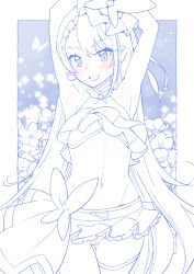 Rule 34 | 1girl, armpits, arms up, asymmetrical bangs, belt, blue theme, blush, bow skirt, braid, braided bangs, brooch, bug, butterfly, butterfly hat, censored, commentary, cowboy shot, cropped shirt, cure butterfly, flower, frilled shirt, frilled skirt, frills, groin, highres, hijiri ageha, hirogaru sky! precure, insect, jewelry, long hair, looking at viewer, magical girl, microskirt, midriff, miyagoe yoshitsuki, monochrome, navel, open mouth, outside border, overskirt, pleated skirt, precure, pussy, shirt, single thighhigh, skirt, sleeveless, sleeveless shirt, smile, solo, spot color, standing, thigh gap, thighhighs, tilted headwear, very long hair
