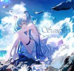 Rule 34 | 1girl, bare arms, bare legs, bare shoulders, barefoot, bird, blue eyes, blue hair, blue nails, bra, breasts, chinese commentary, cleavage, cloud, commentary request, day, dress, flower, from side, hair flower, hair ornament, hair ribbon, hatsune miku, highres, hitokoto, knees up, lens flare, long hair, looking at viewer, looking to the side, mixed-language commentary, nail polish, ocean, outdoors, purple ribbon, ribbon, rock, sample watermark, seagull, sleeveless, sleeveless dress, small breasts, solo, sunlight, thigh strap, twintails, underwear, very long hair, vocaloid, water, watermark, white bra, white dress, white flower