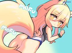 Rule 34 | 1girl, animal ear fluff, animal ears, arknights, arm up, ass, blonde hair, blue background, blush, casual one-piece swimsuit, commentary request, from behind, horse ears, horse girl, horse tail, long hair, looking at viewer, looking back, mashiro miru, nearl (arknights), nearl (shimmering dew) (arknights), official alternate costume, one-hour drawing challenge, one-piece swimsuit, original, simple background, solo, swimsuit, tail, thighs, white one-piece swimsuit, yellow eyes