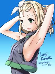 Rule 34 | 10s, 1girl, :d, armpits, arms behind head, blonde hair, blue background, character name, dated, green eyes, hairband, kantai collection, luigi torelli (kancolle), open mouth, short hair, simple background, smile, solo, swimsuit, tatsumi ray, twitter username, upper body, white hairband