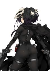 Rule 34 | 1girl, ass, backboob, bba1985, belt, black eyes, black hair, blush, bodysuit, bow, breasts, cape, dual wielding, from behind, frown, gender request, genderswap, gun, hair bow, highres, holding, huge ass, long hair, looking at viewer, looking back, mask, overwatch, overwatch 1, reaper (overwatch), shiny clothes, skin tight, solo, thigh strap, transparent background, twintails, weapon