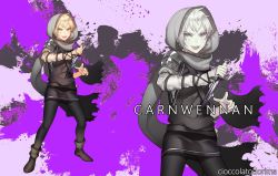 Rule 34 | 1boy, armor, artist name, black pantyhose, blonde hair, boots, brown footwear, carnwennan, cioccolatodorima, dagger, full body, holding, holding weapon, knife, male focus, open mouth, original, pantyhose, personification, purple background, scarf, shoulder armor, smile, solo, touken ranbu, weapon, yellow eyes, zoom layer