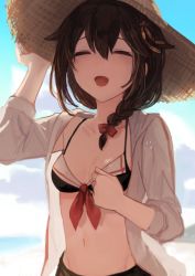 Rule 34 | 1girl, adapted costume, bikini, black bikini, black hair, blue sky, braid, cloud, day, closed eyes, hair flaps, hair ornament, hair over shoulder, hat, jacket, kantai collection, open clothes, open jacket, outdoors, sha (isago), shigure (kancolle), single braid, sky, solo, straw hat, sun hat, swimsuit, upper body, white jacket